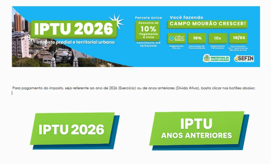 IPTU 2026: boletos para pagamento online já estão disponíveis em Campo Mourão